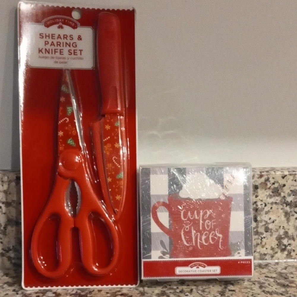 Red Shears & Paring Knife Set with Holiday Design And Coaster Set